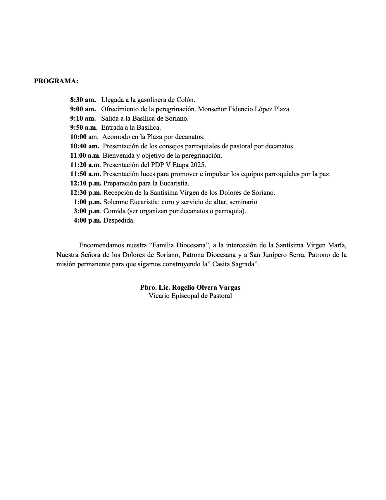 Carta invitación a la Peregrinación a Soriano 2025. 3 de enero. 2